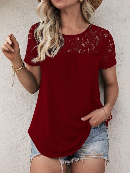 

contrast lace curved hem tee f0c4#, White