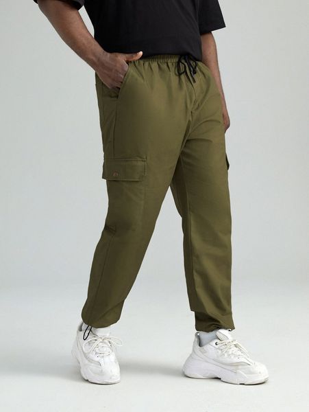 

extended sizes drawstring waist flap pocket pants 583u#, Black