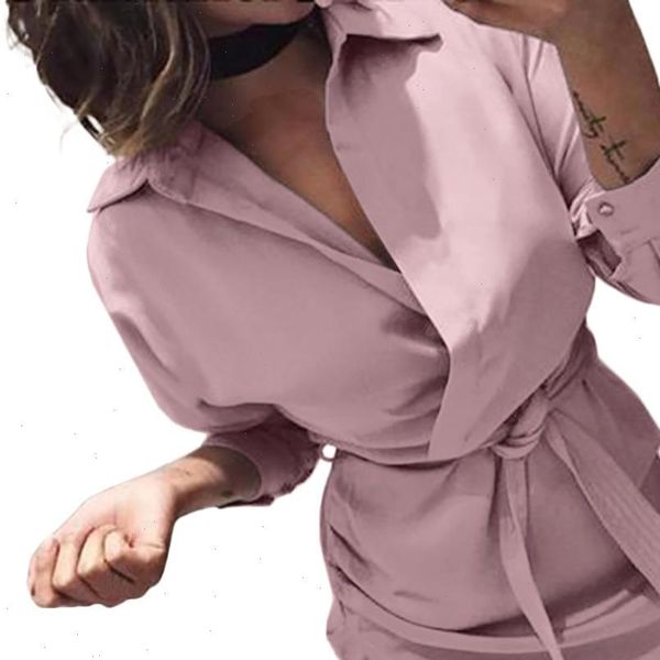 

women long sleeve turn down collar belted shirt mini dress casual womens dress vetements femme ete 2021, Black;gray