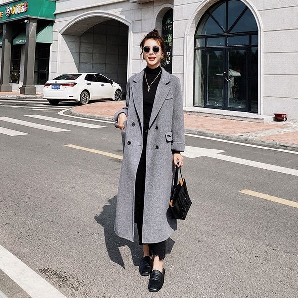 

2021 new l feminino inverno coreano longo de alta qualidade premium cinza solto lapela abaixo do joelho engrossar moda jaqueta hs7z, Black