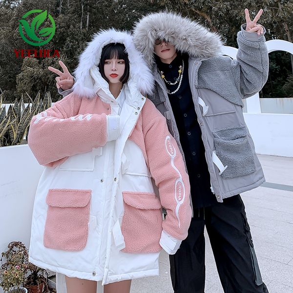 

fashion hip-hop lamb cashmere men's jacket coat couple all-match hooded fur collar windbreaker streetwear outer wear c1115, Black;brown