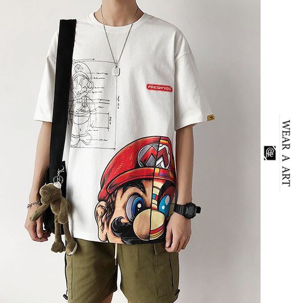 

men summer print t shirt super mary animation short sleeves boy fat loose plus fat size clothing trend t-shirt casual trendy thin clothes, White;black
