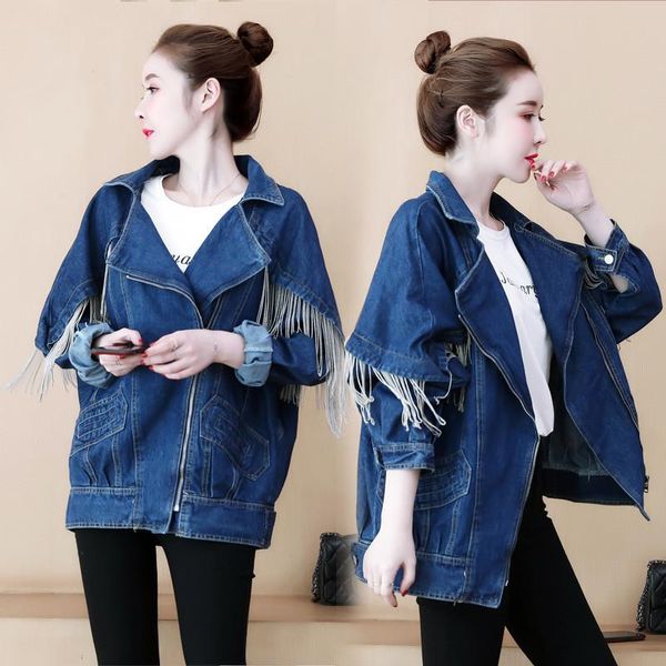 

women's denim jacket 2020 spring autumn new korean tassel cowboy coat bat sleeves loose female jeans outercoat plus size 5xl y19, Black;brown