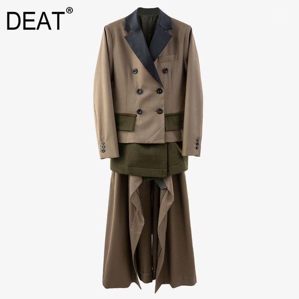 

deat 2021 spring new personality turn-dpwn collar double breasted street style detachable long patchwork windbreaker jacket1, Tan;black
