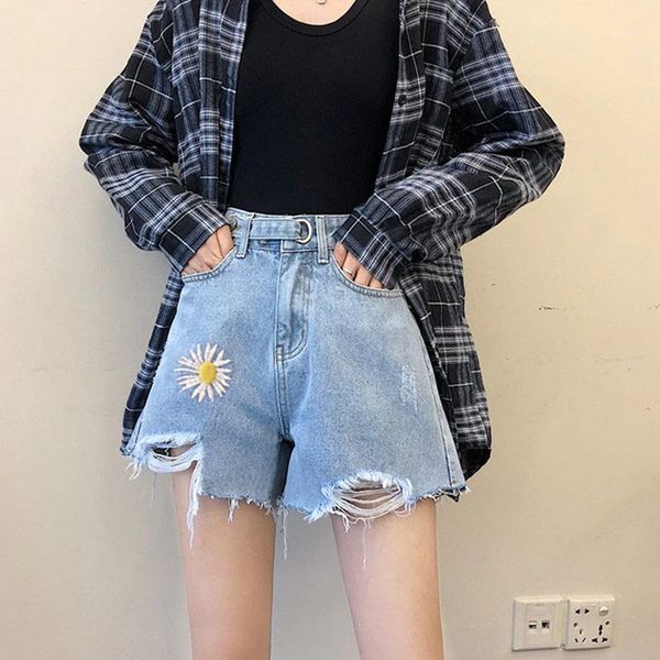 

gonegoing 2020 summer new women diasy embroidery black denim shorts high waist irregular length wide leg jeans shorts 0707061, White;black