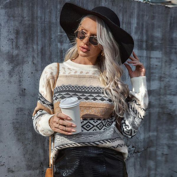 

women's sweaters retro striped knitted sweater women vintage all-match o-neck casual printed pullover autumn winter female clothes knit, White;black