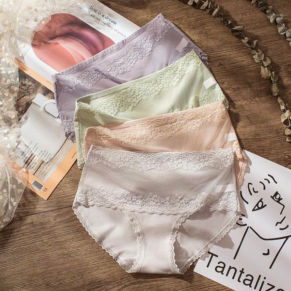 

brand 1pcs breathable combed cotton briefs panties women's high waist floral lace buttocks lingerie girls underwear pantys1, Black;pink
