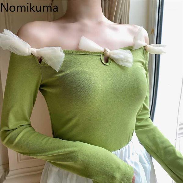 

nomikuma fashion gauze bow knot t shirt women long sleeve off shoulder crop korean fashion tshirts new arrival 3b1061, White