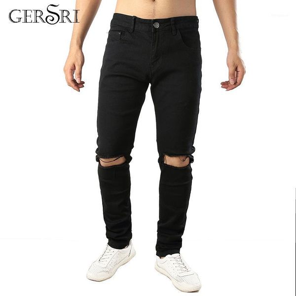 

gersri new arrival fashion men jeans knee hole straight fit leisure quality biker jeans denim trousers ripped men pants1, Blue