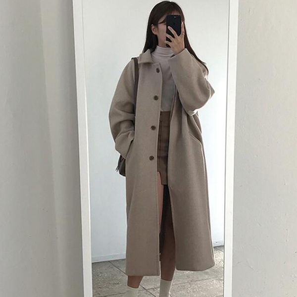 

2020 autumn winter woolen coat simple solid leisure single-breasted turn-down collar female long woolen coat, Tan;black