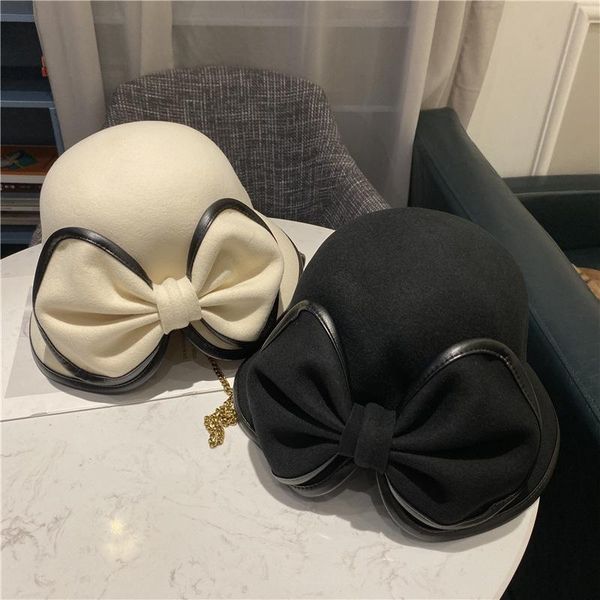 

french autumn/winter hundred large bow decoration wool retro hepburn elegant fisherman pot hat felt hat girl, Blue;gray