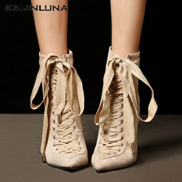 

karinluna 2019 big size 43 lace up fashion woman shoes boots thin high heels party runway show women ankle boots female t200425, Black