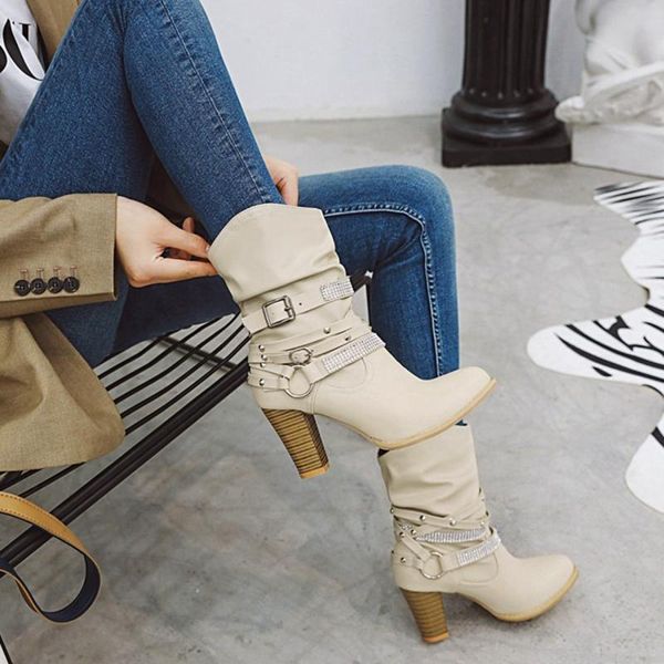 

Autumn Winter High Heels 8CM Sexy Botas Mujer Combat Women Feminina SquareToe Faux Leather Ankle Booties Boots SHOES 185, Black