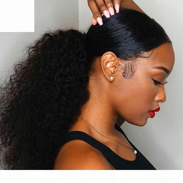 

new arrive drawstring ponytail brazilian human virgin remy kinky curly ponytail hair extensions clip ins natural black color 140g one bundle