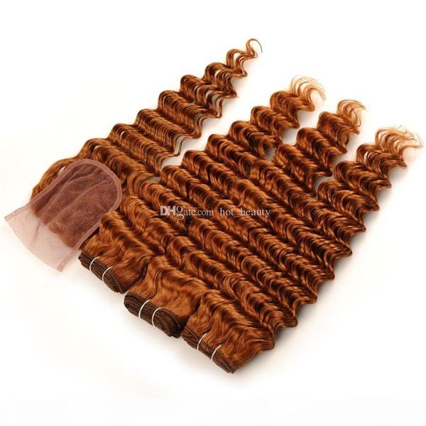 

light brown deep curly human hair bundles deals with lace closure color 30 auburn virgin peruvian hair deep wave weaves with closure, Black