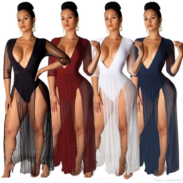 

deep v-neck sheer mesh dress romper high split half sleeve see through beach long night club jumpsuit vestidos plus size 2xl, Black;gray