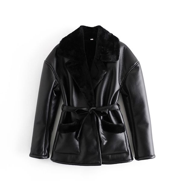 

2021 winter women new black keep warm belt windproof faux fur female simple long sleeve lapel coat