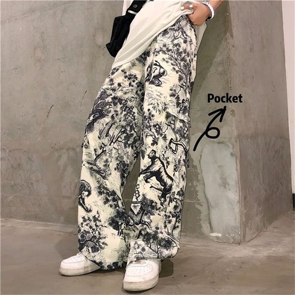 Dropshipping Ästhetische für Koreanische Stil Breite Bein Frauen Fracht Tinte Malerei Druck Harajuku Graffiti Hosen 201118