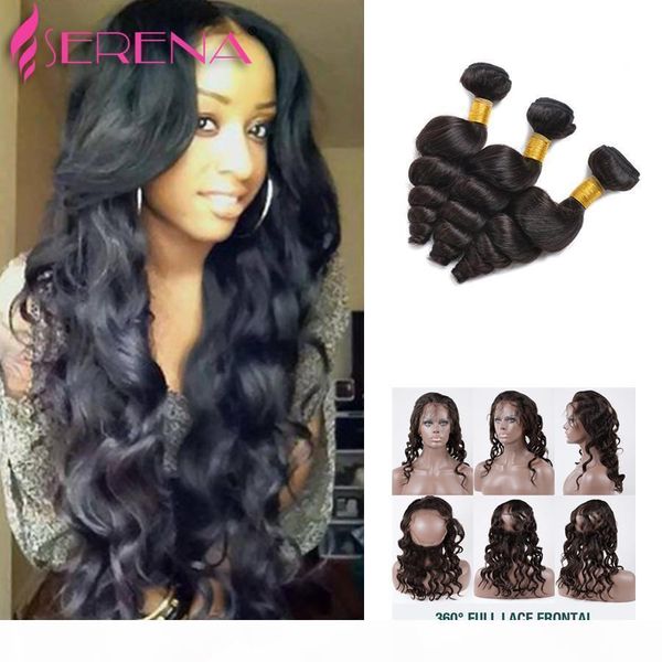 

360 lace frontal with bundle loose wave 7a brazilian hair 360 lace virgin hair with 3 bundles 100% human hair weave with frontal, Black;brown