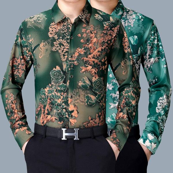 

chinese style printed shirt men's middle-aged and elderly loose thin floral shirt autumn and winter new personalized fashion, White;black