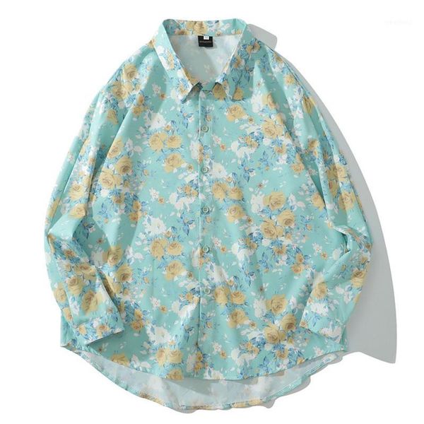 

men's casual shirts mens rose flower print hawaii beach harajuku streetwear 2021 summer long sleeve blouse hiphop green 1, White;black