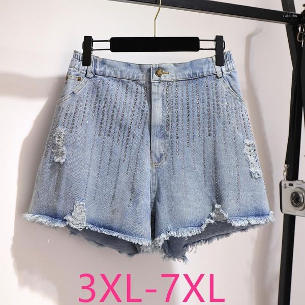 

2020 spring summer plus size denim shorts for women large loose casual elastic waist hole wide leg shorts blue 4xl 5xl 6xl 7xl1, White;black