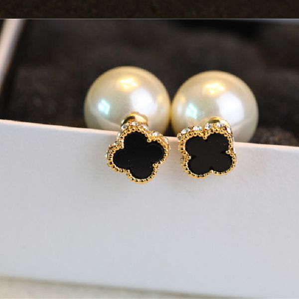 

ins popular simple fashion double sided beautiful flower diamond elegant pearl stud earrings for woman girls, Golden;silver