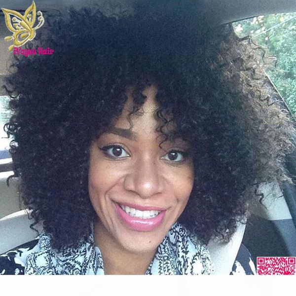 

virgin malaysian full lace human hair wig with bangs kinky curly lace front wigs human hair with bleached knots baby hair, Black;brown