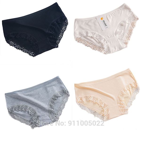 

4pcs/lot value package women's panties comfort young underpants floral lace briefs for girl low-rise solid color pantys, Black;pink