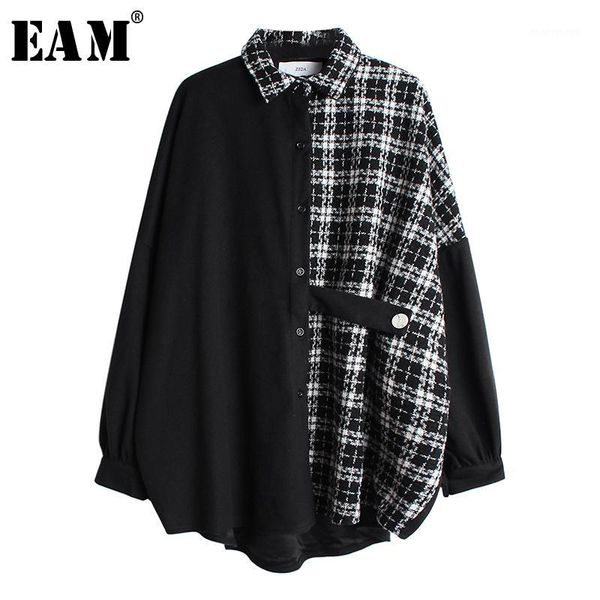 

women's blouses & shirts [eam] women tweed plaid split big size blouse lapel long sleeve loose fit shirt fashion tide spring autumn 202, White