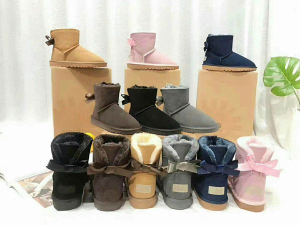 

2020 winter low boots single bowknot crystal women's classic fashion brand anti velvet black grey chestnut women's snow boots
