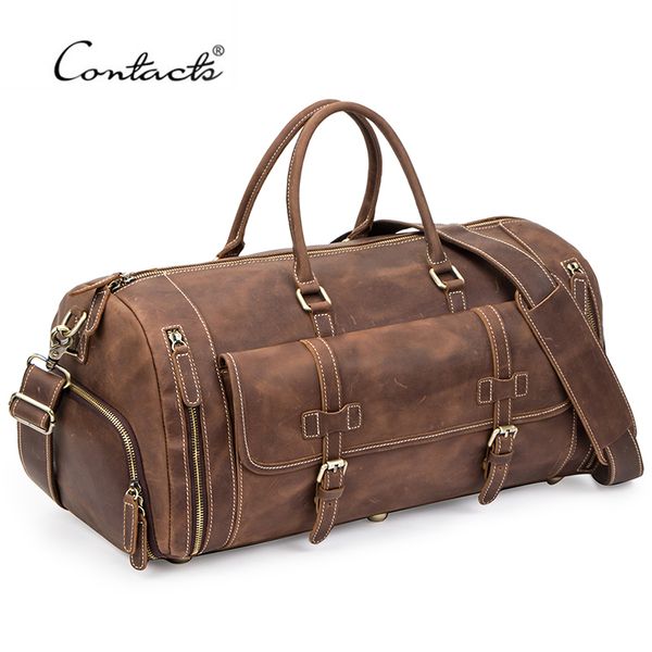 

contact's travel men handbags crazy horse leather duffle luggage bag large capacity vintage suitcase tote bag male shouder bags