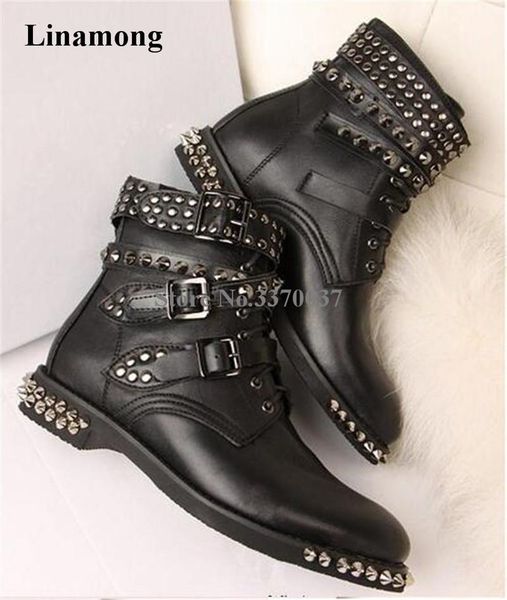 

brand design women round toe black leather straps buckles flat short rivet boots winter spike ankle boots motorcycle