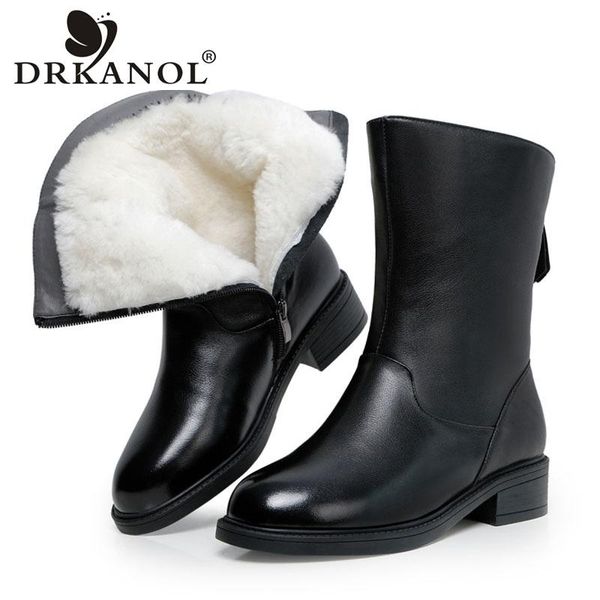 

drkanol fashion winter wool warm snow boots women genuine leather thick heel mid calf fur boots back zipper women cotton shoes, Black
