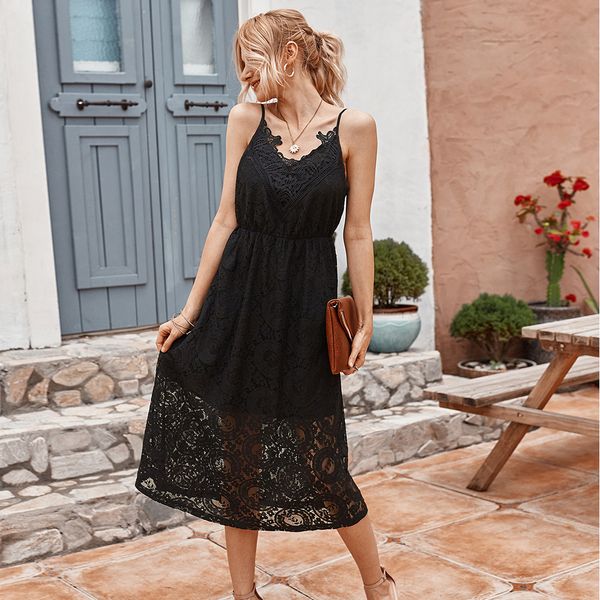 

new female summer 2021 lace dressed fairy waist skirt white maxi dress women hjic, Black;gray