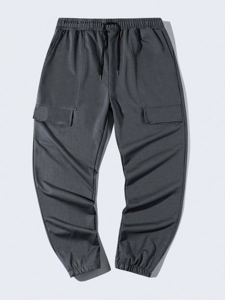 

extended sizes men flap detail drawstring waist pants y8q1#, Black