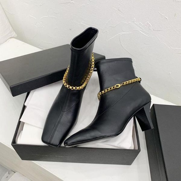 

unique women boots elastic pu women shoes ins ankle boots square toe high heels chain decor shoes woman femmes bottes, Black