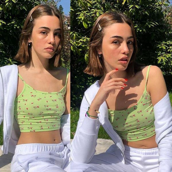 

spaghetti strap floral graphic summer crop sweet backless printing green camis chic vintage tank, White