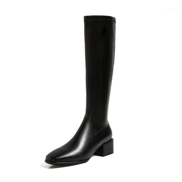 

boots side zipper knee high for women med square heels winter est genuine leather shoes woman working tight boots1, Black