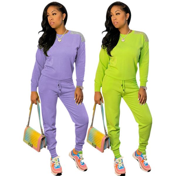 

women tracksuits designer two piece outfits solid color rhinestone shoulder long sleeve pants ladies autumn sport suits plus size sportwear, White