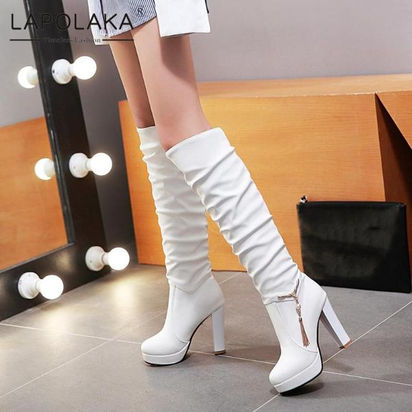 

boots lapolaka design 2021 slip-on metal decroation high heels platform knee women shoes stretch boot footwear, Black