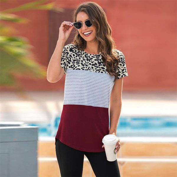 

leopard patchwork t-shirt women slim fit short sleeve for summer 2020 new tee shirts women clothes casual female t shirt, White
