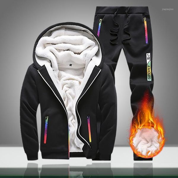 

2020 winter mens tracksuits warm fleece casual hooded sets male thick zipper sporting suit jackets+pants 2pc conjunto masculino1, Gray