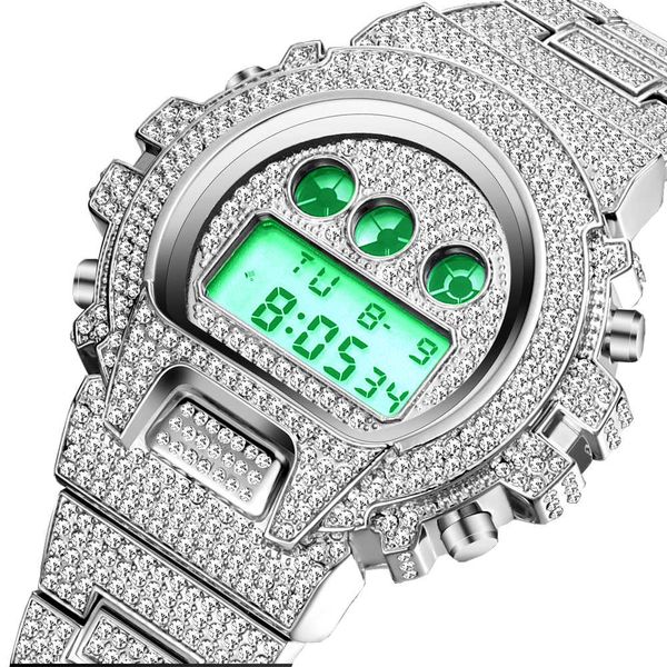 

men's digital watches dial stainless steel strap digital diamond classic hip hop wristwatch, Silver