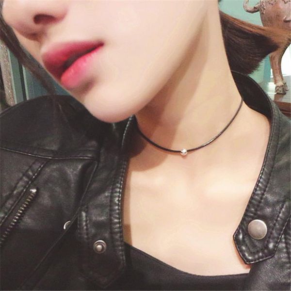 

chokers japan and south korea harajuku black leather rope metal bead necklace female short neck collar choker women clavicle, Golden;silver