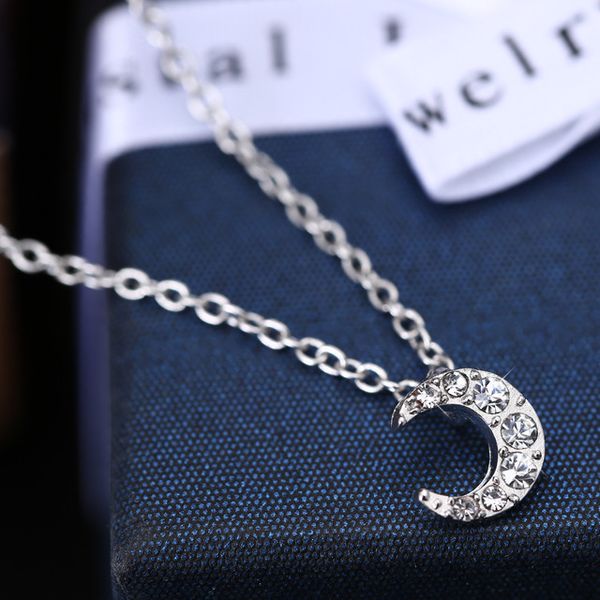 

european and american fashion new necklace paper card diamond moon pendant clavicle chain necklace, Silver