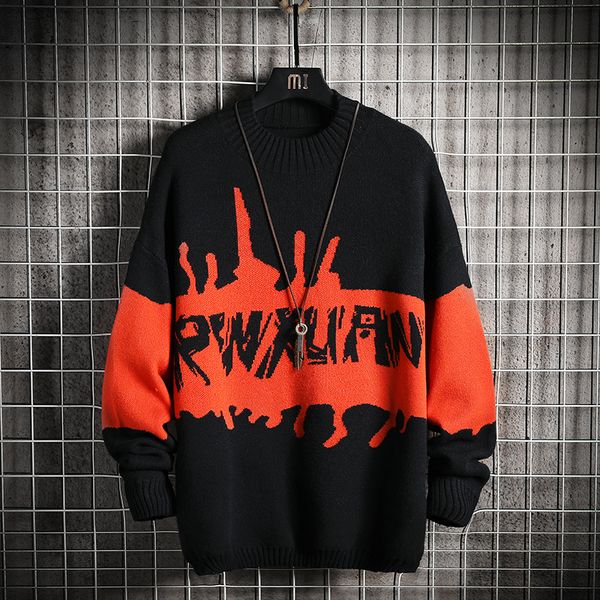 

2021 new male streetwear retro standard hip hop flame new fall pull over elastan the neck oversize casual couple sweaters d5ax, White;black