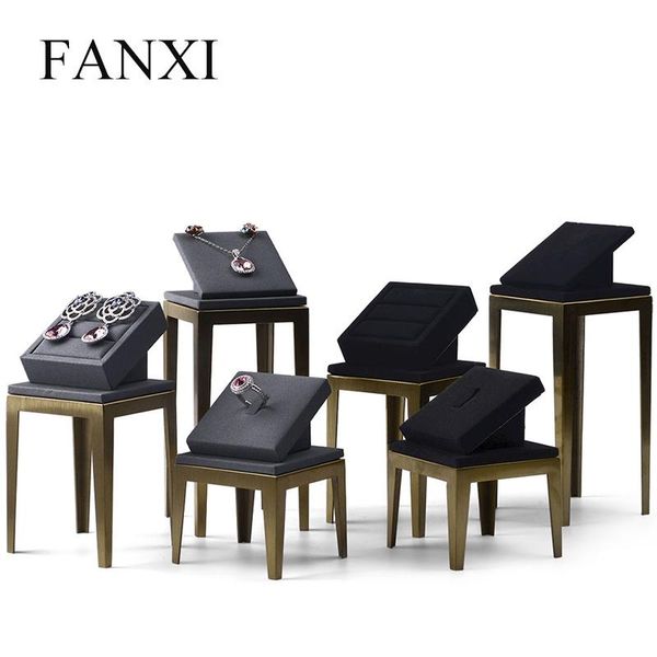

fanxi new metal jewelry display stand set ring necklace earring display holder shelf with leather microfiber jewelry showcase, Pink;blue