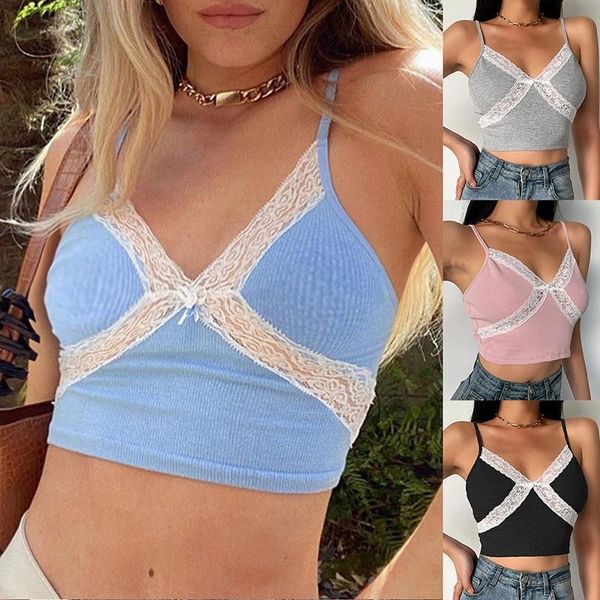 

e-girl sweet spaghetti strap deep v with lace camis y2k chic summer ribbed backless 90s multicolor crop streetwear, White