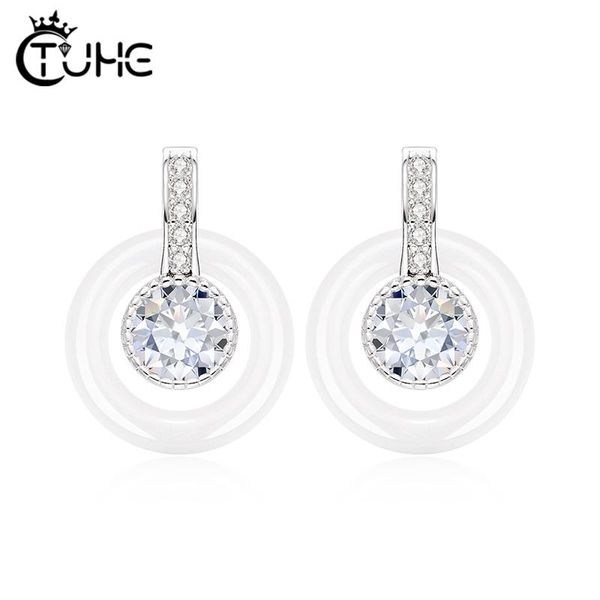 

stud fashion wedding bijoux black white ceramic earrings for women with big carat health round zirconia earring girl, Golden;silver